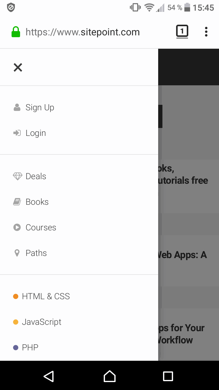 screenshot of sitepoint's mobile settings