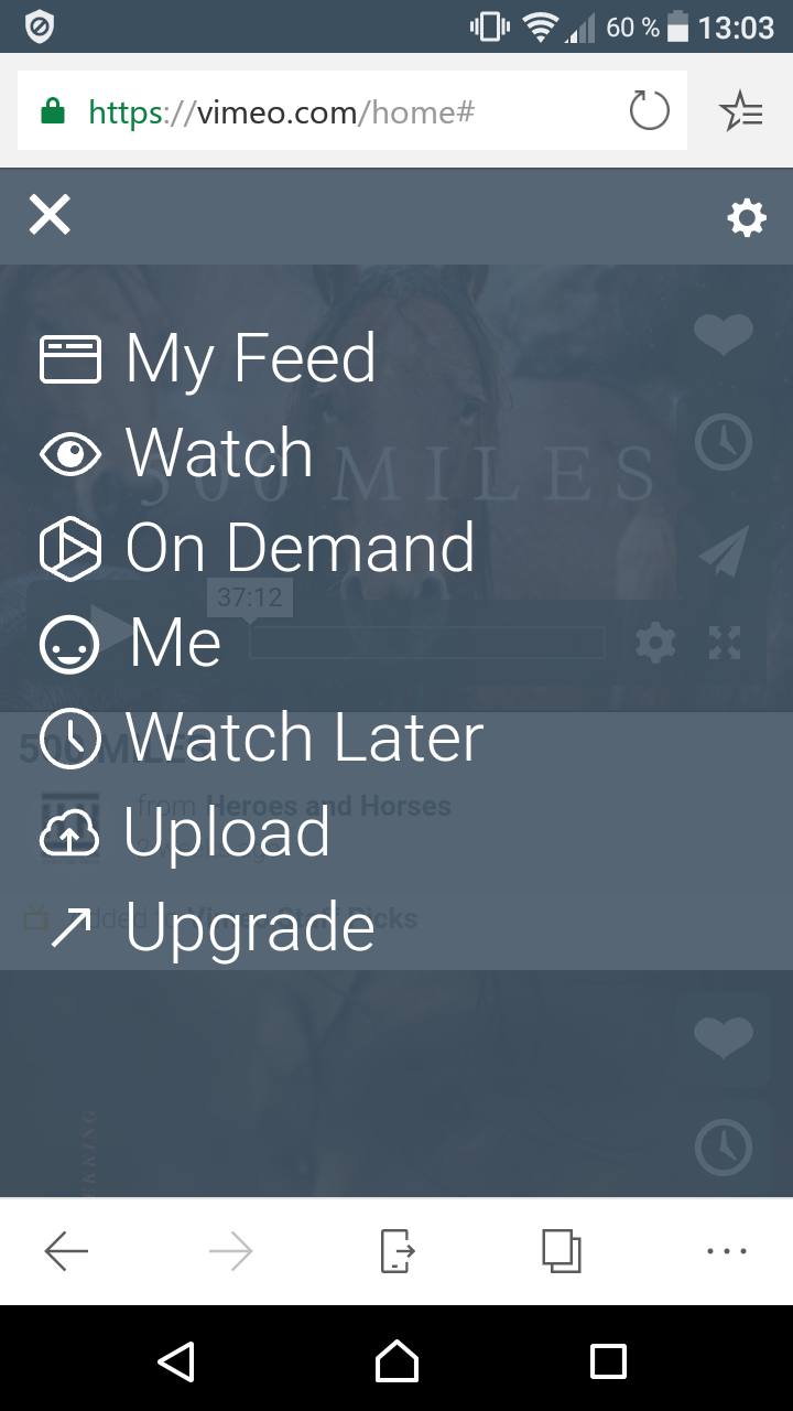 screenshot of vimeos mobile settings