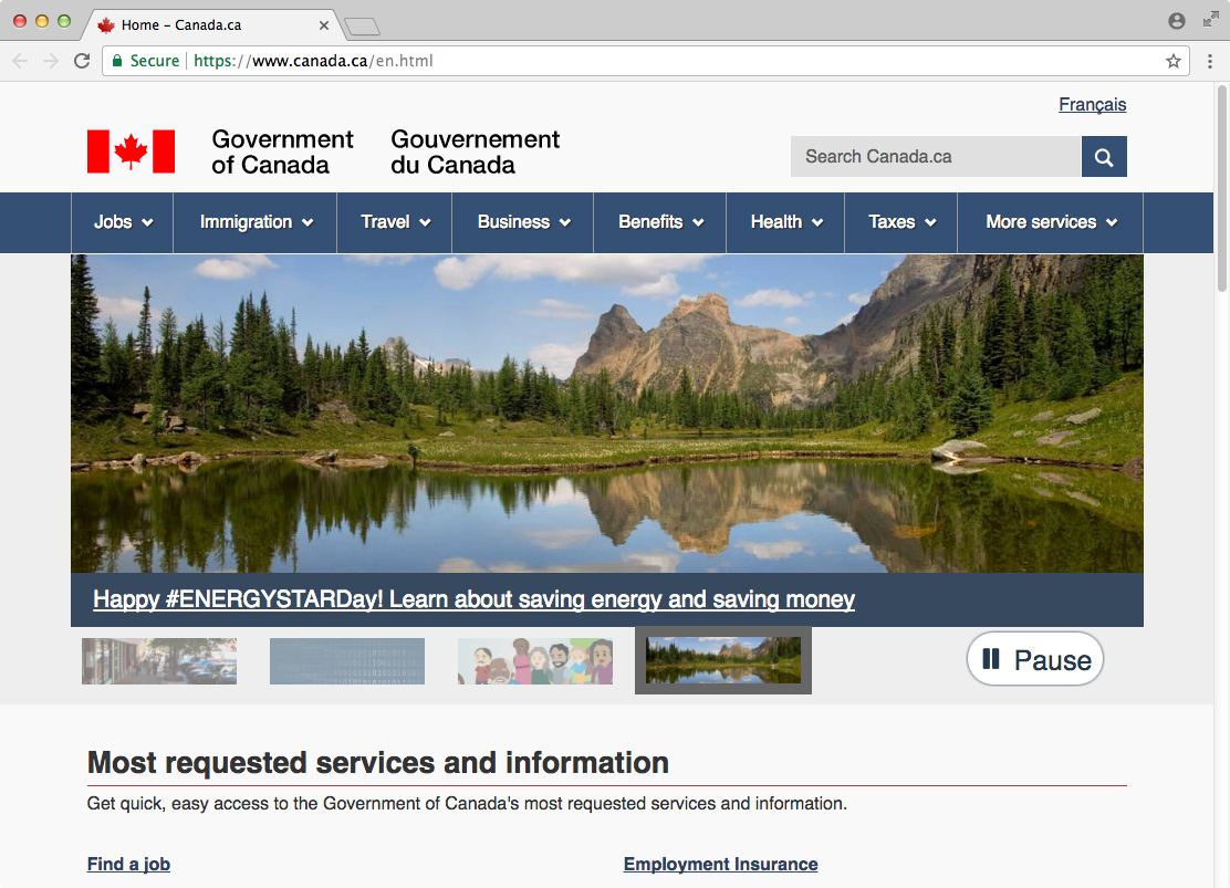 screenshot of the canadian government's frontpage including a carousel