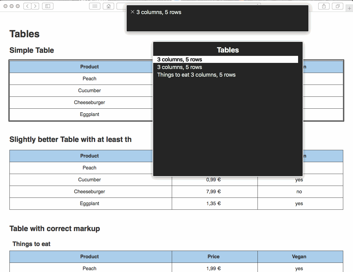 screenshot of macOS rotor and how it list tables
